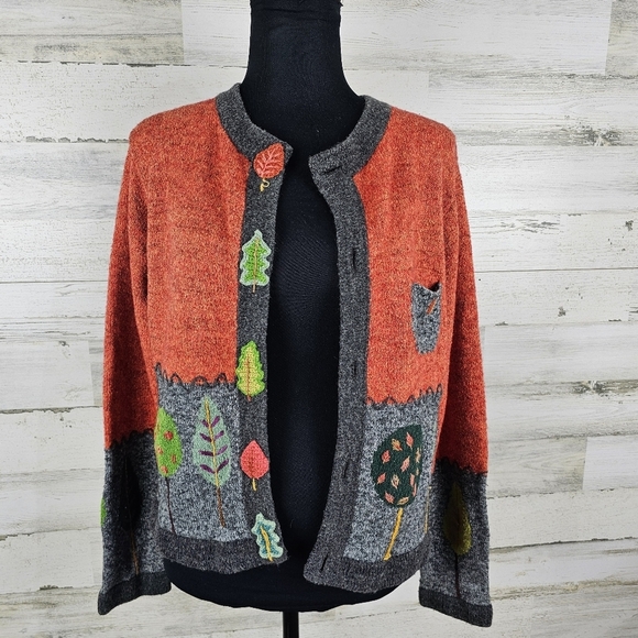 VTG In Stitches Wool Blend Cardigan Sweater Sz Medium Orange Embroidered Whimsy - Picture 9 of 15